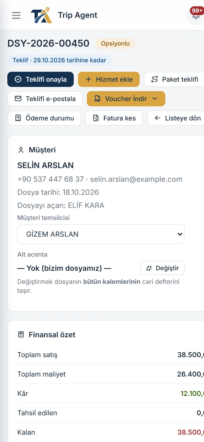Trip Agent telefonda: dosya detayı, müşteri ve finansal özet